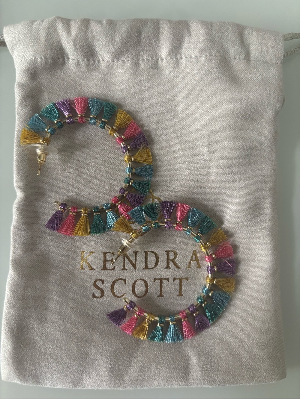 Kendra Scott Colorful Tassel Hoop Earrings in Teal, Pink, Purple, Gold